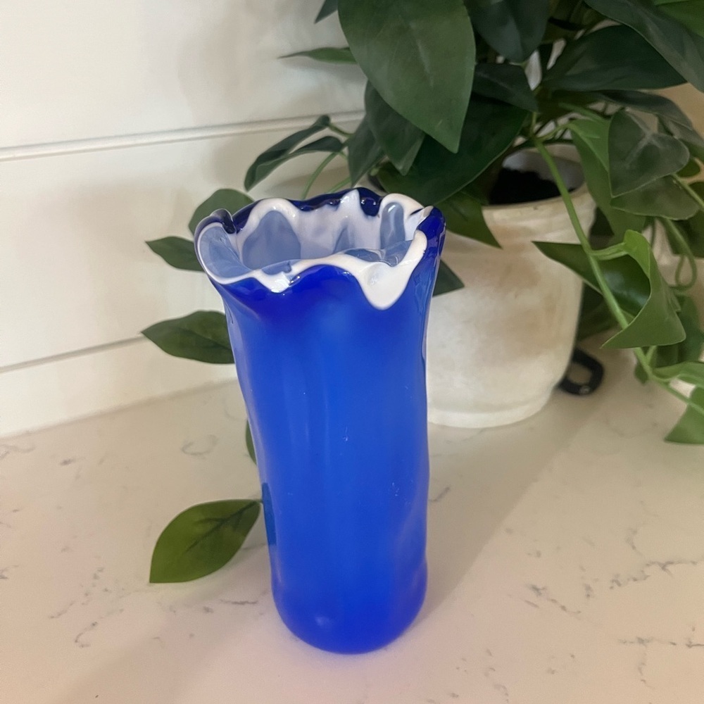 Vintage Hand Blown Glass Vase. 5.5”T Cobalt Blue | White | Ruffled Lid - Picture 1 of 5